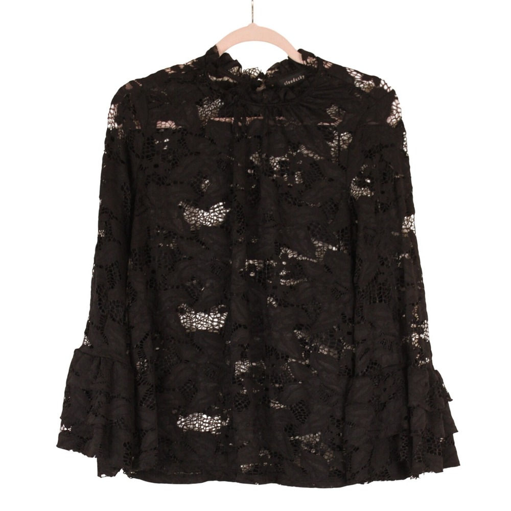 Cloud & Sky Whimsigoth Coquette Black Sezane Sheila Sheer Floral Lace Top XL